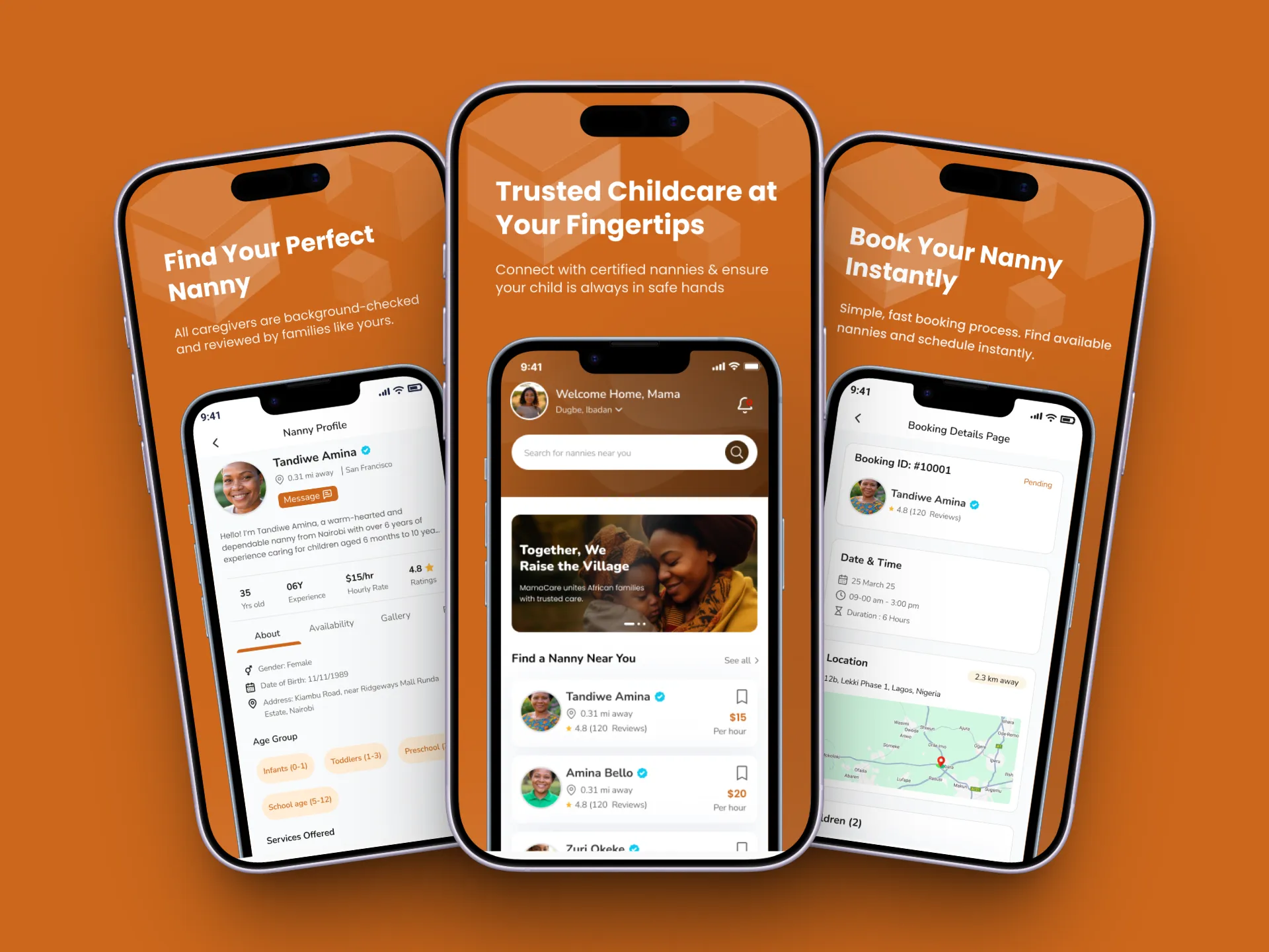 Three Mamacare screens on phones: a nanny’s profile, the home screen listing nannies nearby, and a booking’s details