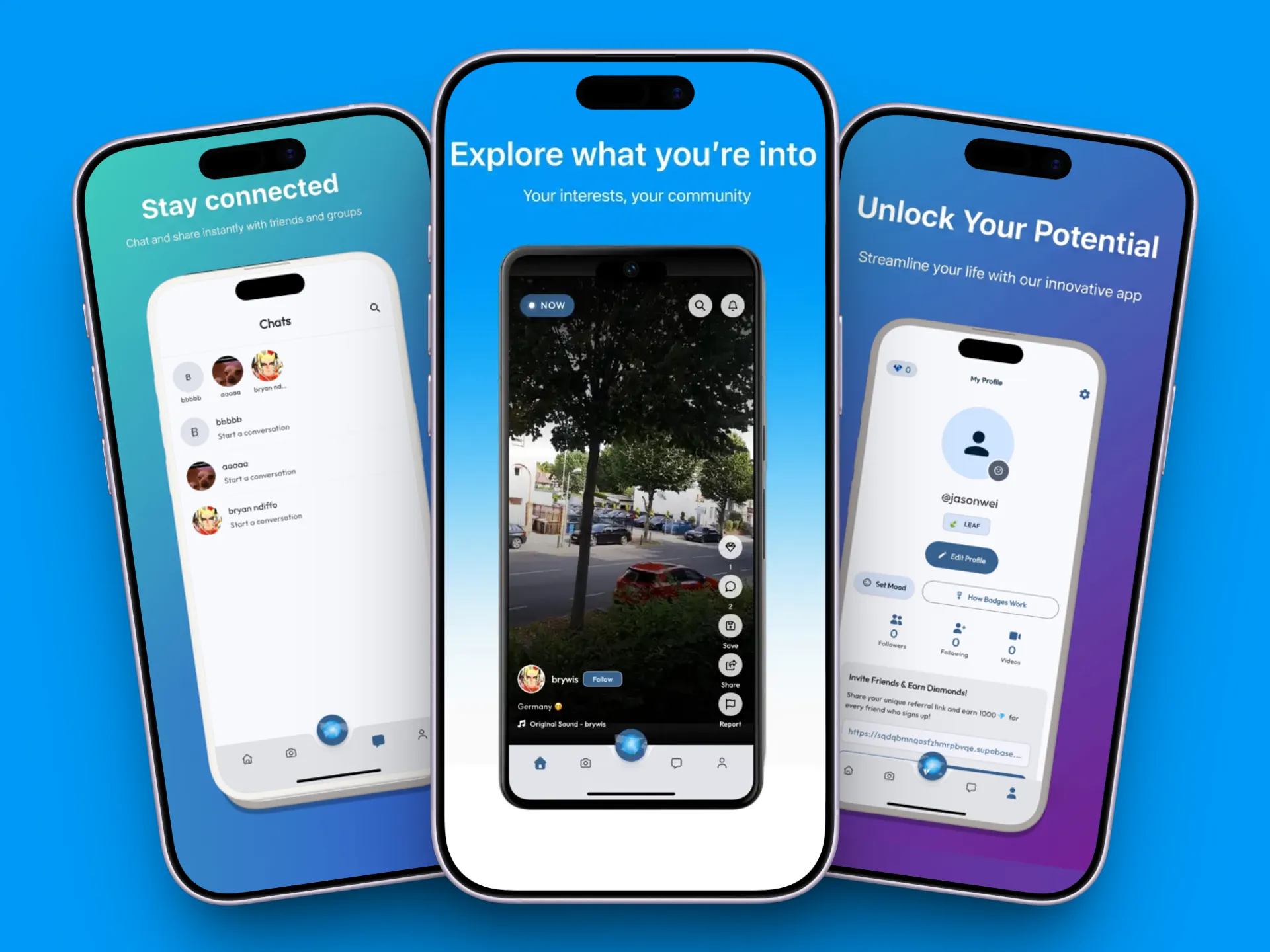 Three Dadadu screens on phones: the chat list, a video playing in the feed, and a user’s profile